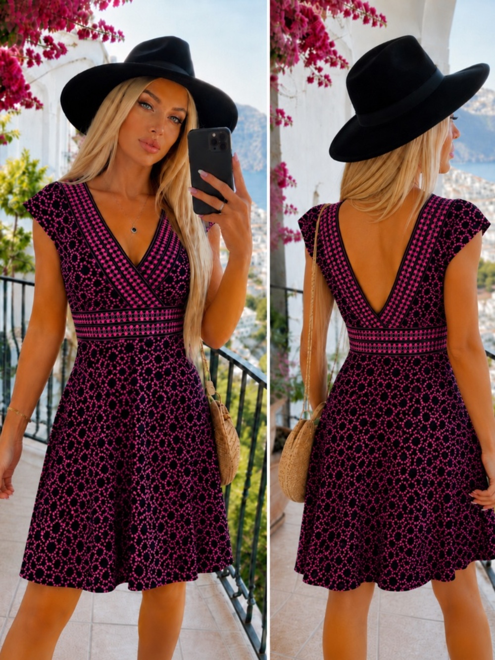 Maggy London Size 14 Pink Black Geometric Cap Sleeve Stretch Dress